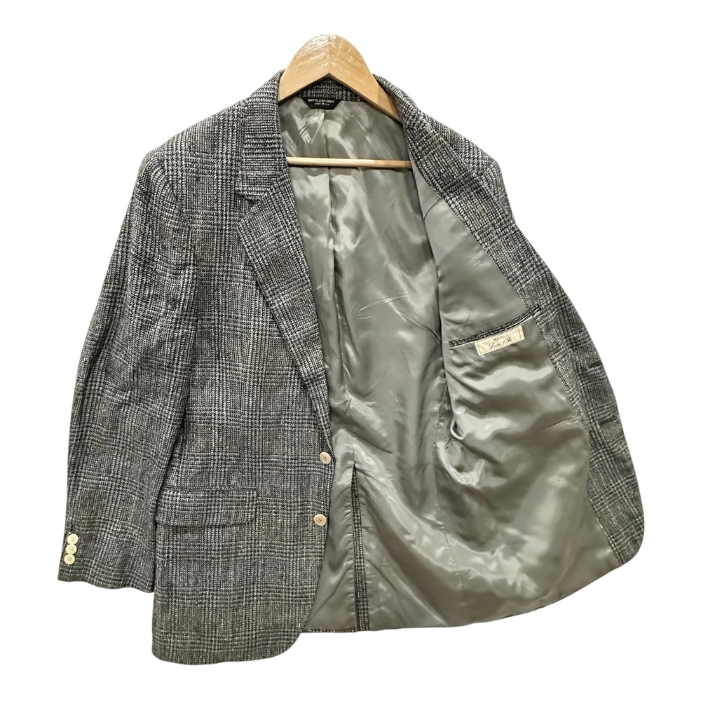 Vtg Pure Silk Tweed Glen Plaid Blazer Mens 40R Grey Sport Coat Two Button